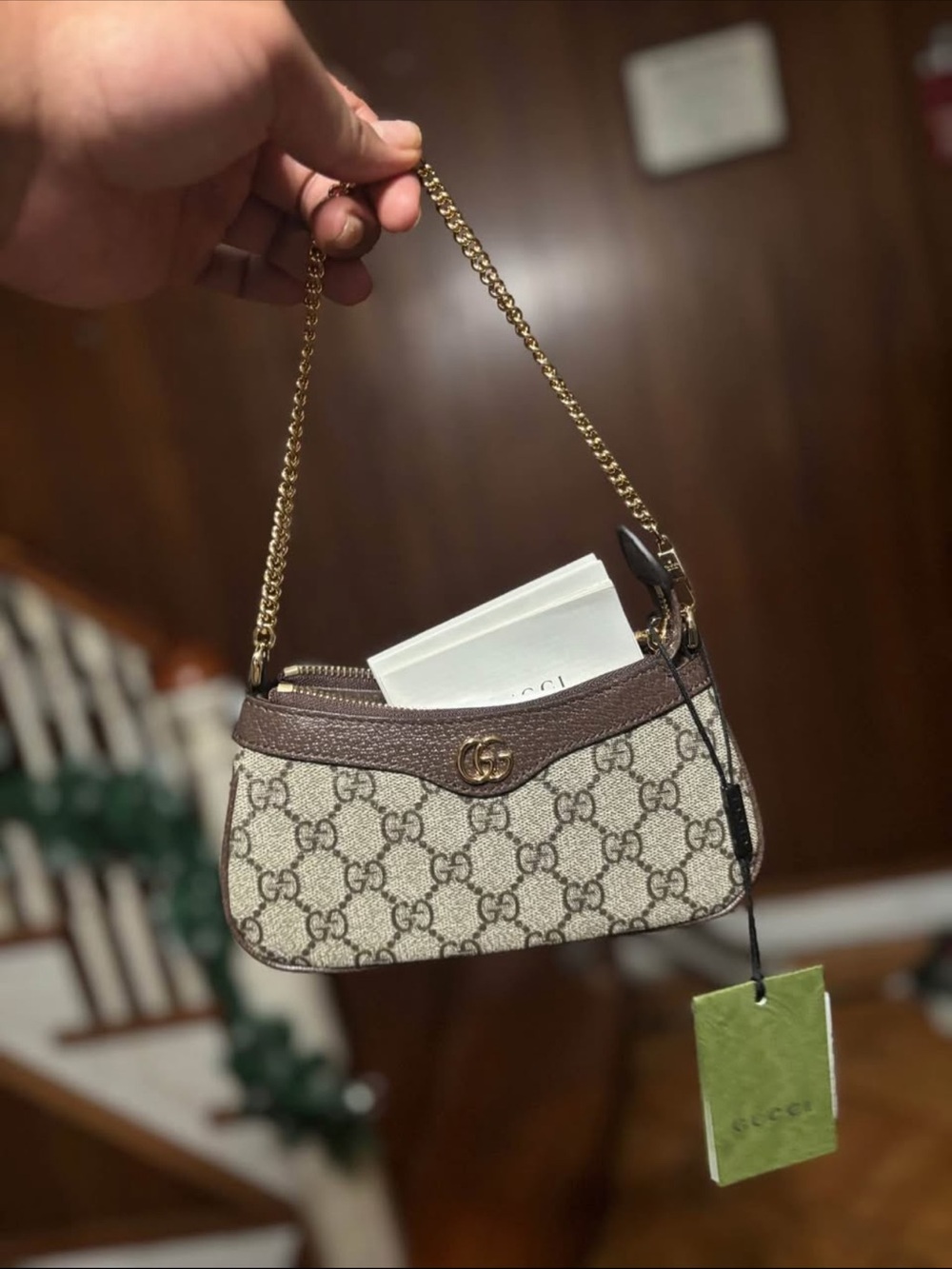 Gucci Brown Beige GG Mini Shoulder Bag with Gold Chain
